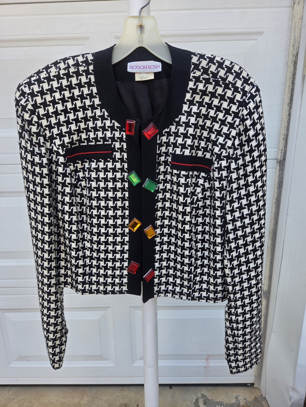 Black & White Houndstooth Jewel-Button Cropped Blazer
